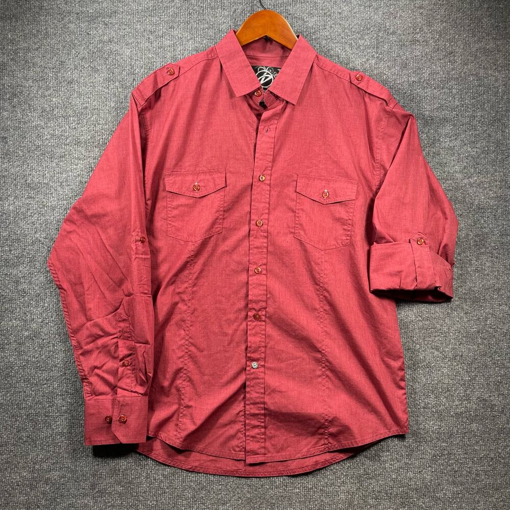 Drill Button Up Shirt Men's Large Red Roll Tab Sleeve Casual Chest Pockets